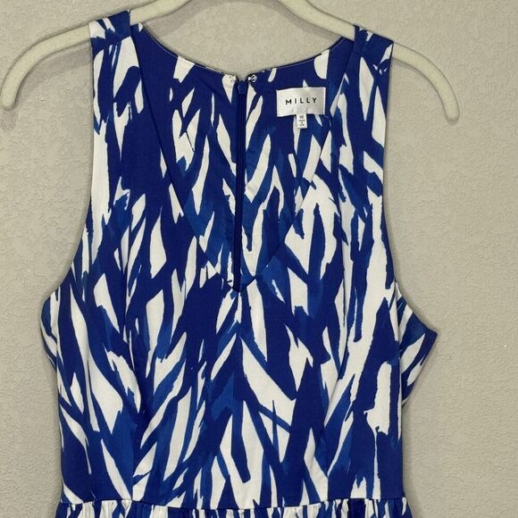 Milly Dress Isadora Size 10 Blue White Abstract Sleeveless Fit Flare Made USA - Picture 3 of 10